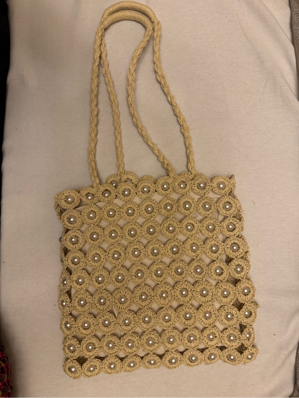 Haute Hippie Crochet Pearl-Embellished Tote in Beige